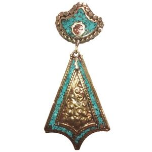 Vintage Tibetan Turquoise Coral Nugget Brass Pendant